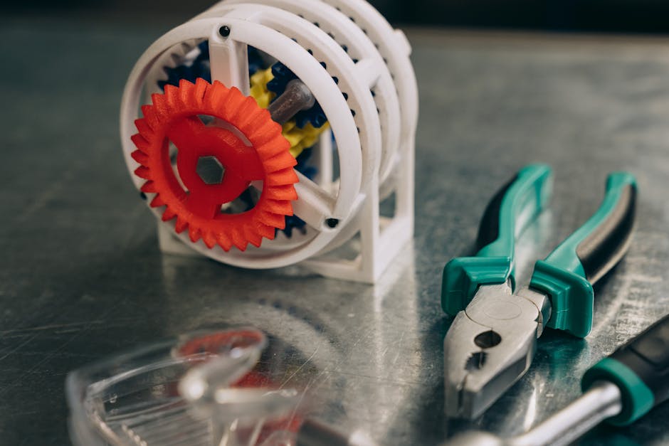 Close-up of a mechanical gear model with pliers on a metallic surface, ideal for technology concept.